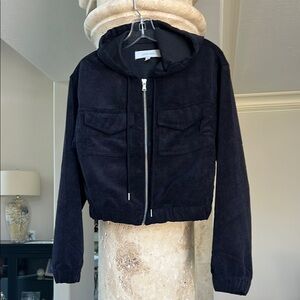 Women’s Black Hooded Corduroy Zip-Up Jacket Size Medium Elastic Waistband
